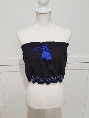 Free People Black Knit Tube Top with Blue Tassel & Embroidered Hem | Size M